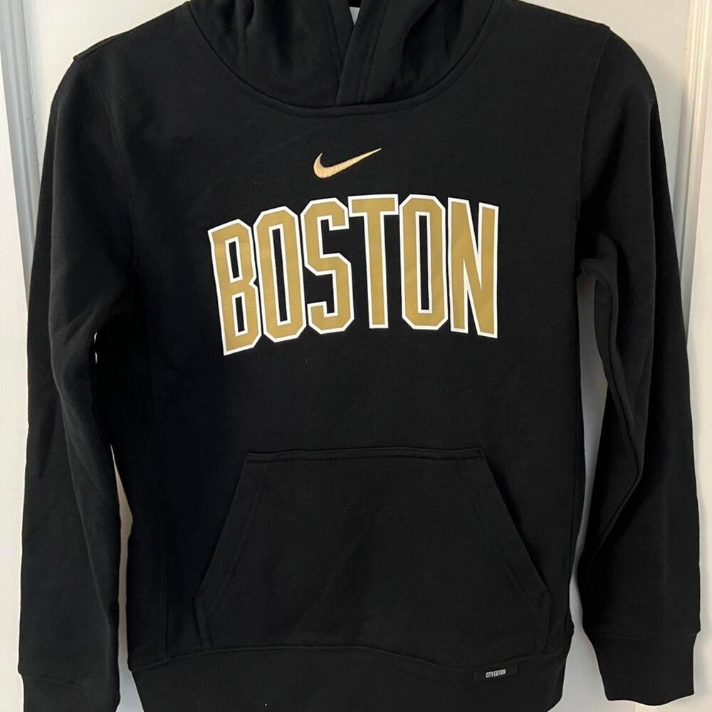 Nike Boston Celtics black hoodie with gold 'BOSTON' text and Nike swoosh, youth